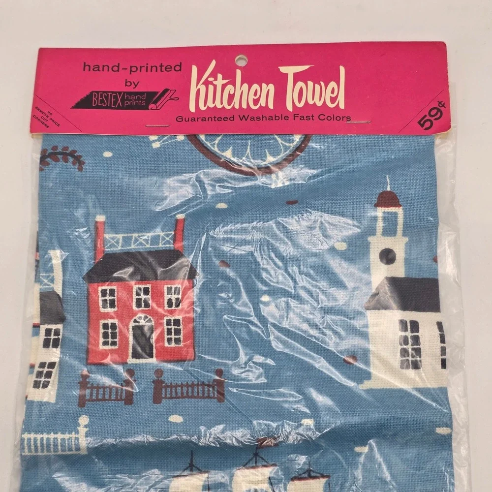 Kitchen Towel Vintage Nautical Sailing Ship Blue Mid Century Coastal Decor